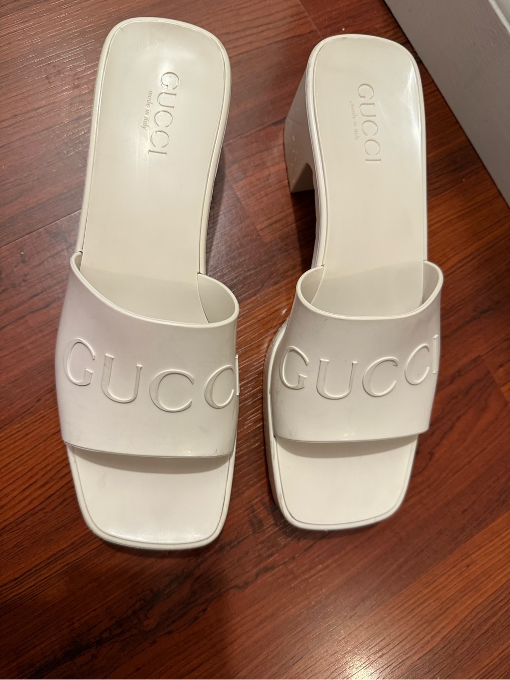 Gucci White Embossed Logo Slide Heels for Women